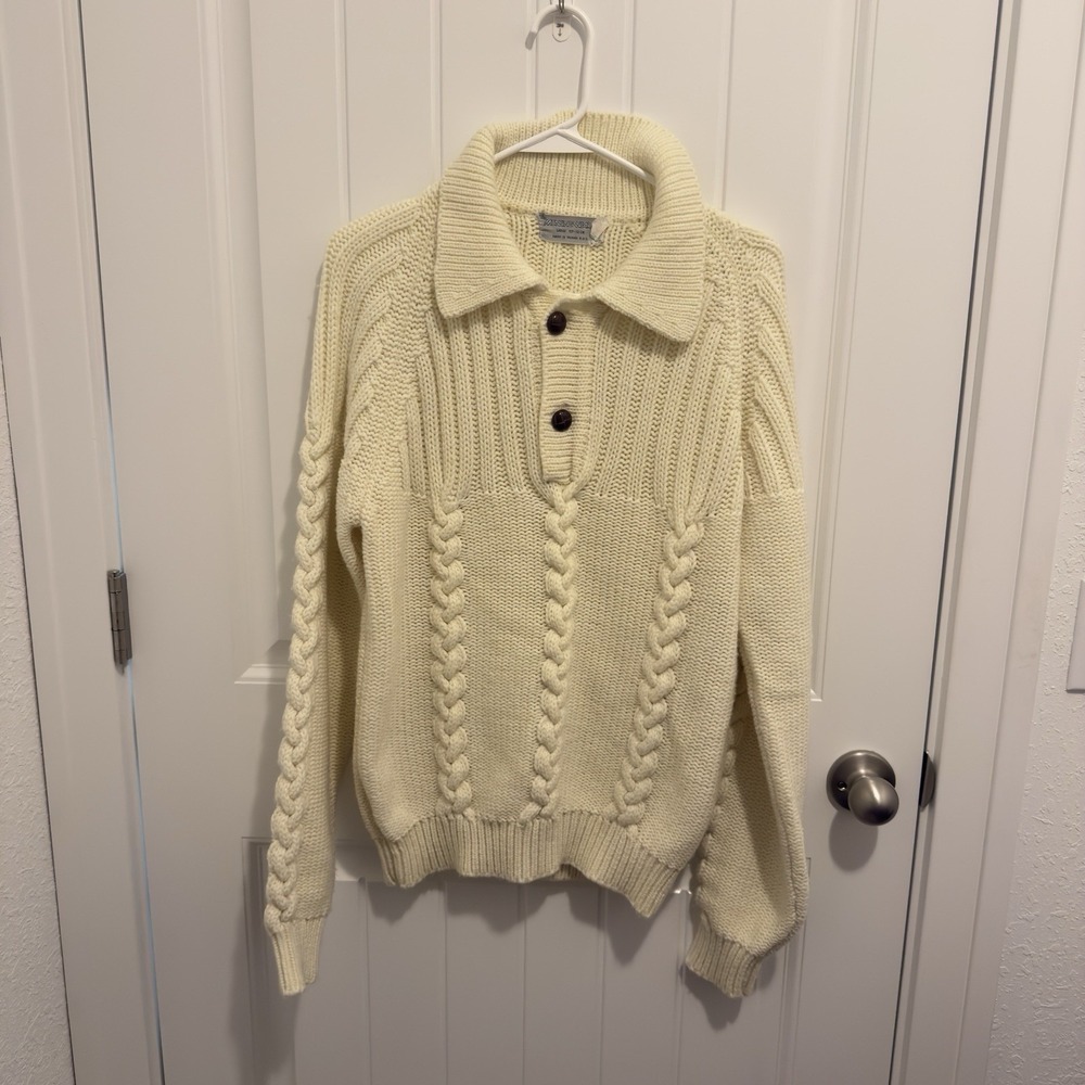 Munsingwear Men's Vintage Cream Cableknit Sweater Pullover Collared Size Large